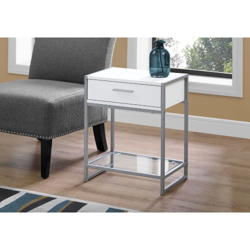 22"H Accent Table in White, Silver Metal & Tempered Glass